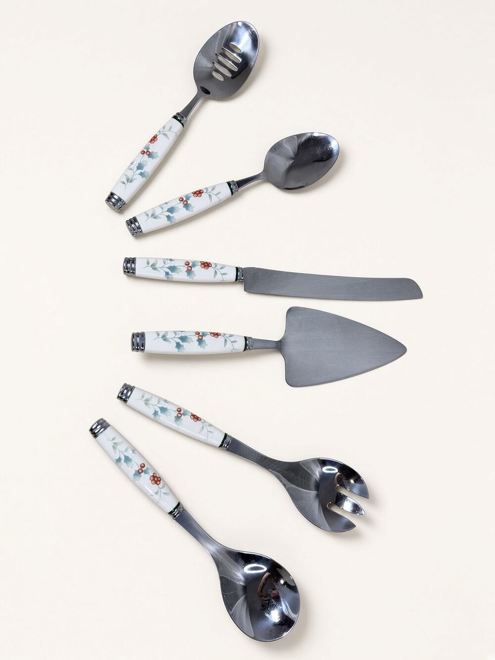 Pfaltzgraff Winterberry Holly Berry Ceramic Handle Stainless Serving Set 6pc